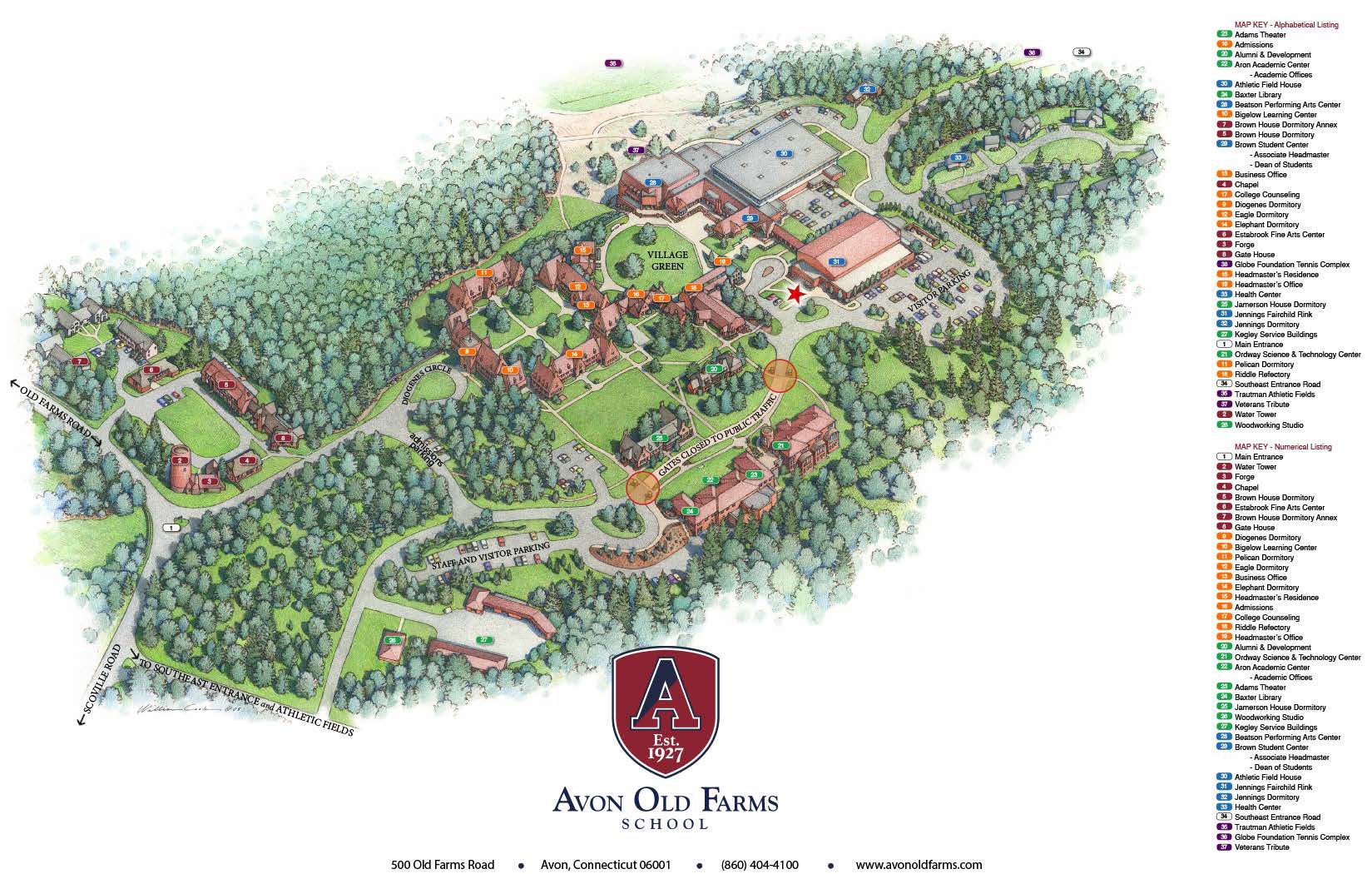 Image of the Avon Old Farms School campus map